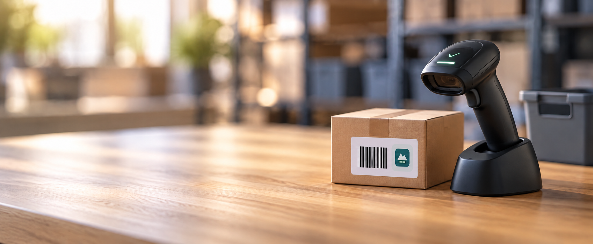 Lecteur de codes-barres AlpVentory devant un colis dans un espace de stockage